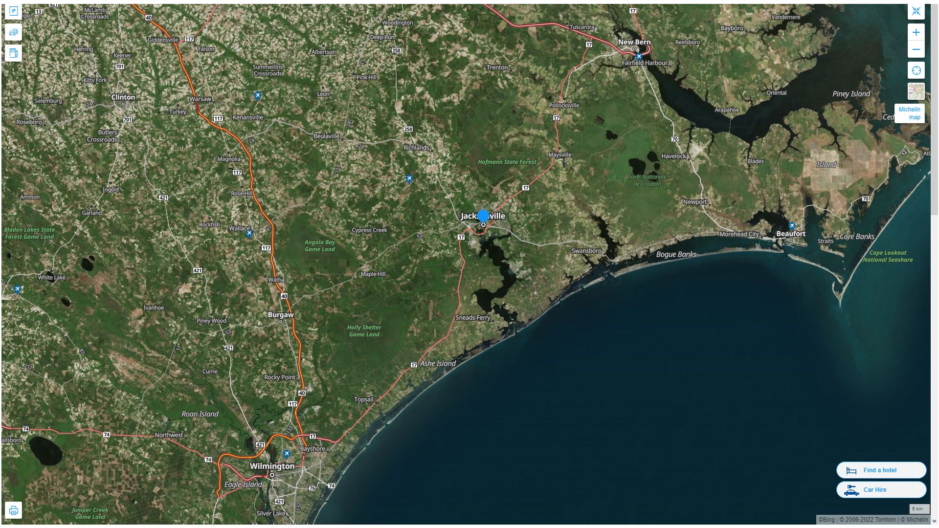 Jacksonville North Carolina Highway and Road Map with Satellite View